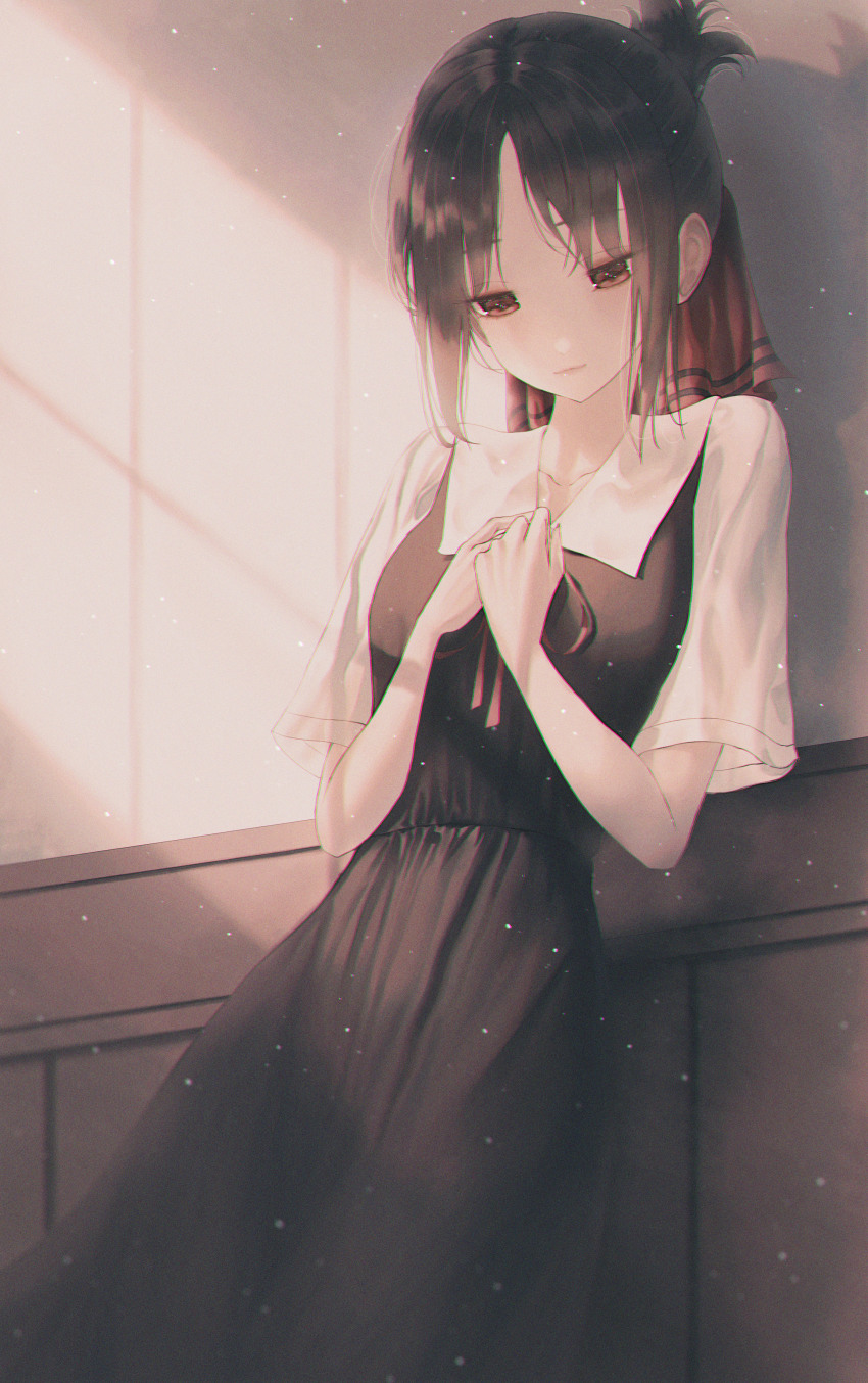 1girl, absurdres, bad_id, bad_pixiv_id, black_dress, black_hair, blouse, breasts