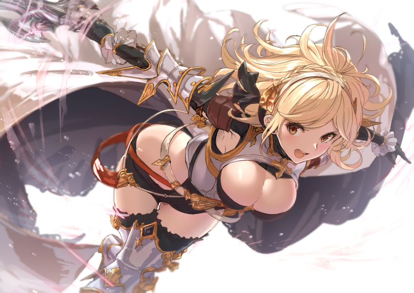 1girl, akita_hika, armor, belt, black_gloves, black_thighhighs, blonde_hair, blush, breasts, brown_eyes, cape, cleavage, cleavage_cutout, clothing_cutout, commentary_request, djeeta_(granblue_fantasy), elbow_gloves, gloves, granblue_fantasy, hairband, highres, large_breasts, leaning_forward, looking_at_viewer, open_mouth, relic_buster_(granblue_fantasy), short_hair, solo, sword, thighhighs, thighs, weapon, white_cape