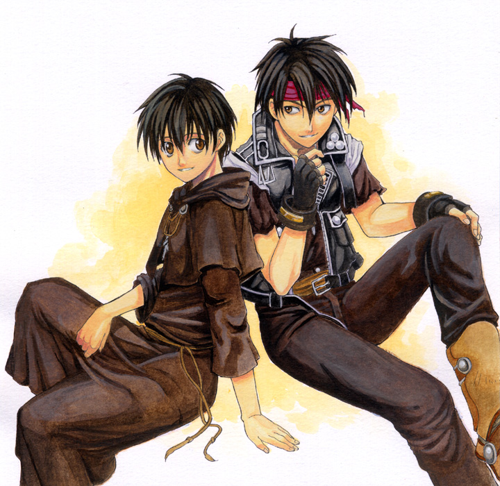 2boys, asada_(pixiv), bad_id, bad_pixiv_id, black_hair, brown_eyes, dual_persona, headband, majutsushi_orphen, multiple_boys, orphen, sai_(pue), time_paradox