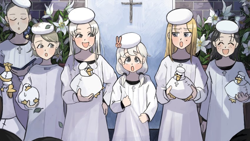 6+girls, :d, ^_^, aged_down, animal, animal_on_hand, animal_on_head, beret, bird, bird_on_hand, bird_on_head, black_hair, blonde_hair, blue_eyes, book, brick_wall, bunny_nun_(diva), chicken, closed_eyes, clothes_grab, commentary, cross, crucifix, diva_(hyxpk), duck, english_commentary, flower, freckles, freckles_nun_(diva), goose, gosling, grey_eyes, grey_hair, hair_bun, hair_net, hair_ornament, hand_on_own_hip, hat, hiding, highres, holding, holding_book, leaf, leaf_nun_(diva), lily_(flower), little_nuns_(diva), long_hair, looking_to_the_side, low_twintails, medium_hair, multiple_girls, music, nun, on_head, open_mouth, rabbit_hair_ornament, robe, short_hair, singing, single_hair_bun, slice_of_life, smile, smug_nun_(diva), star_(symbol), star_nun_(diva), strict_nun_(diva), sweatdrop, traditional_nun, twintails, wall, wardrobe_error, white_headwear, white_robe, you're_doing_it_wrong