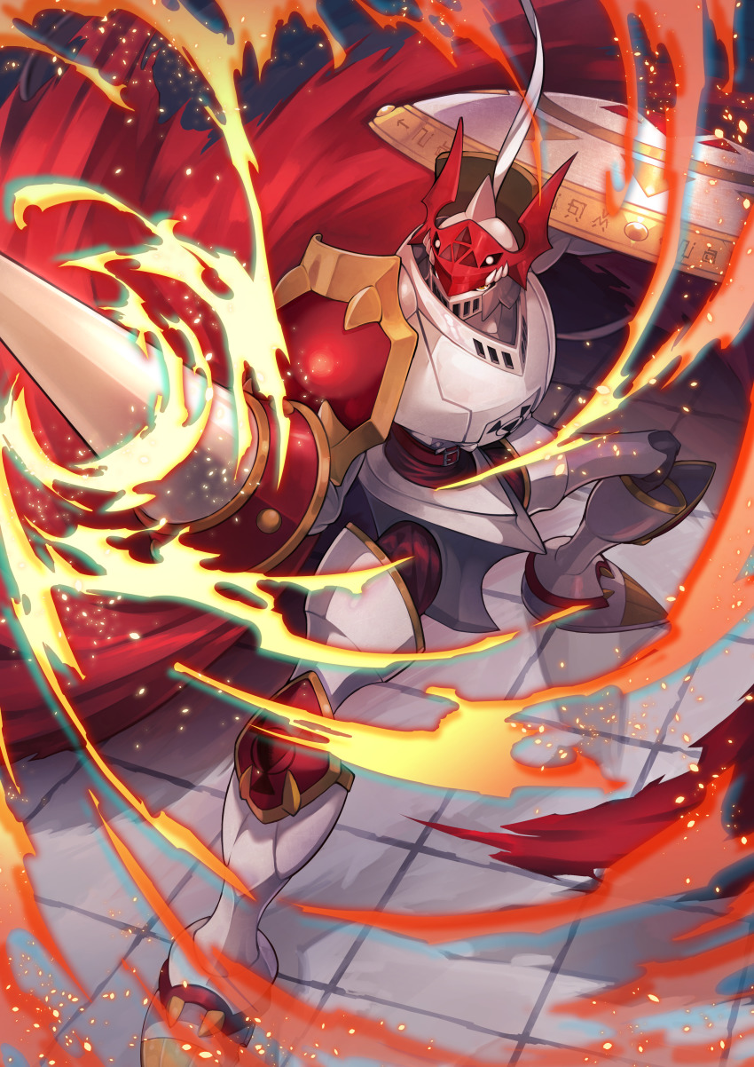 absurdres, armor, digimon, digimon_(creature), digimon_tamers, dukemon, fighting_stance, fire, full_body, grey_background, helmet, highres, huge_filesize, lance, looking_at_viewer, nyagaichi, polearm, shield, solo, standing, weapon