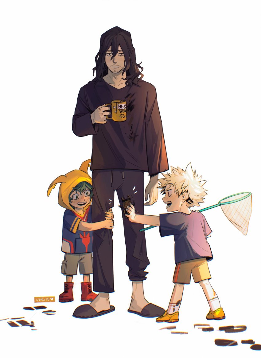 3boys, adam's_apple, aged_down, artist_name, bakugou_katsuki, beetle, black_hair, black_legwear