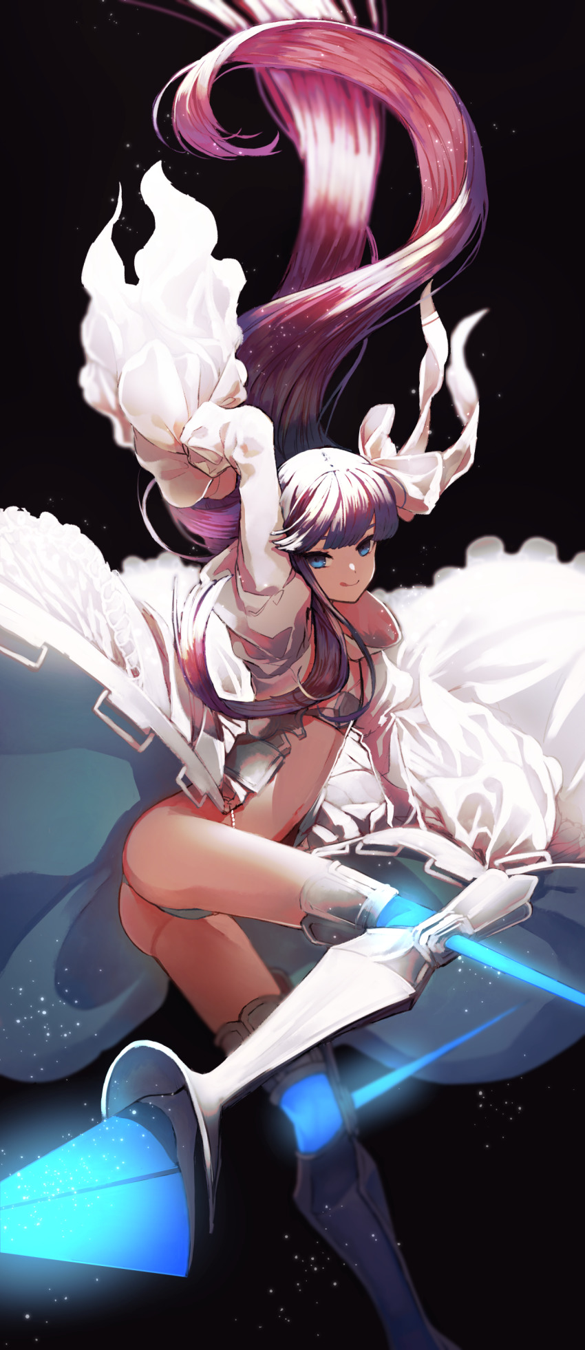 1girl, :q, absurdres, ass, black_background, blue_eyes, bow, fate/extra, fate/extra_ccc, fate/grand_order, fate_(series), frills, hair_bow, highres, long_hair, long_sleeves, looking_at_viewer, meltryllis_(fate), meltryllis_(third_ascension)_(fate), nekoyamiyako, purple_hair, revealing_clothes, simple_background, sleeves_past_wrists, smile, solo, spikes, thighhighs, tongue, tongue_out, white_bow