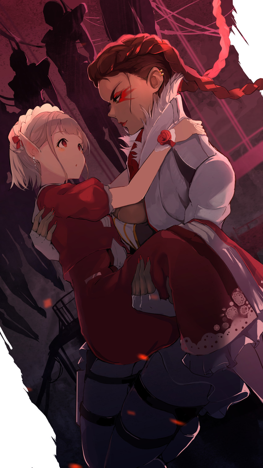 2girls, absurdres, apex_legends, braid, carrying, ear_piercing, earrings, elu_(8th_costume)_(nijisanji)