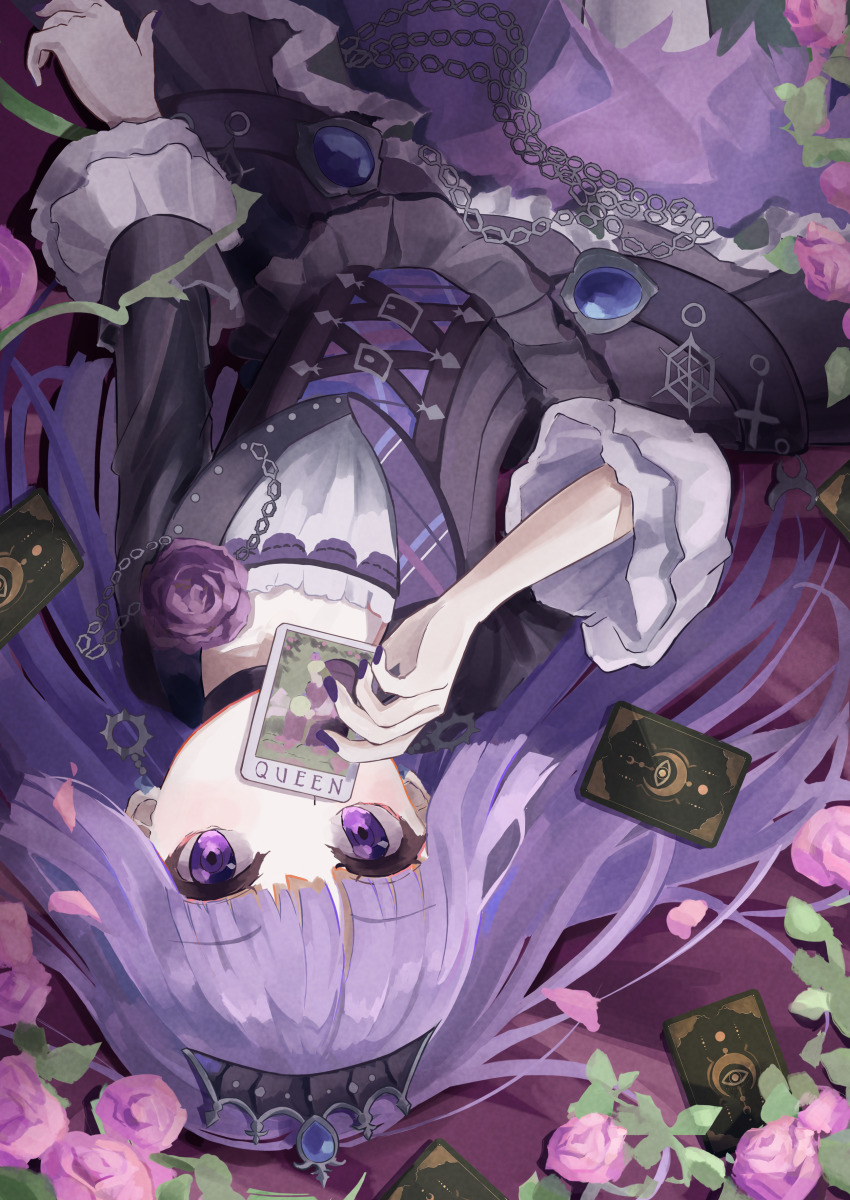 absurdres, aikatsu!, aikatsu!_(series), blunt_bangs, card, chain, covering_own_mouth, dress, flower, highres, hikami_sumire, long_hair, lying, playing_card, purple_eyes, purple_hair, rose, temple_circle, tiara