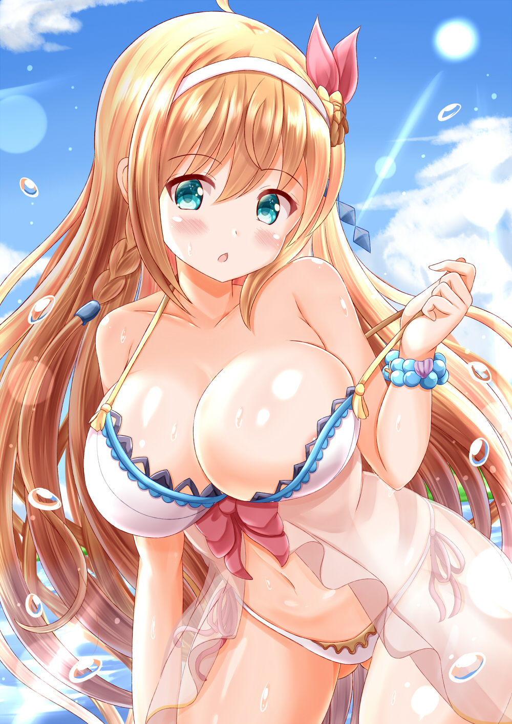 1girl, ahoge, bikini, blue_eyes, blush, breasts, cleavage, gluteal_fold, hair_between_eyes, highres, large_breasts, long_hair, looking_at_viewer, navel, open_mouth, orange_hair, outdoors, pecorine_(princess_connect!), pecorine_(summer)_(princess_connect!), princess_connect!, red_ribbon, ribbon, solo, swimsuit, very_long_hair, water, white_bikini, xenon_(for_achieve)