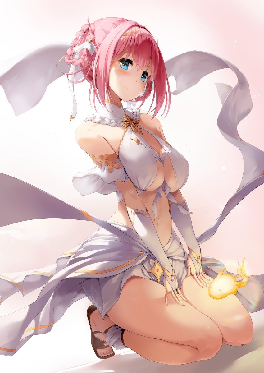 1girl, absurdres, asalilysuke, bare_shoulders, blouse, blue_eyes, blush, braid, breasts, cleavage_cutout, clothing_cutout, hair_between_eyes, hair_ornament, hairband, highres, large_breasts, looking_at_viewer, pink_hair, princess_connect!, puffy_sleeves, shirt, short_hair, simple_background, smile, solo, white_background, yui_(ceremonial)_(princess_connect!), yui_(princess_connect!)
