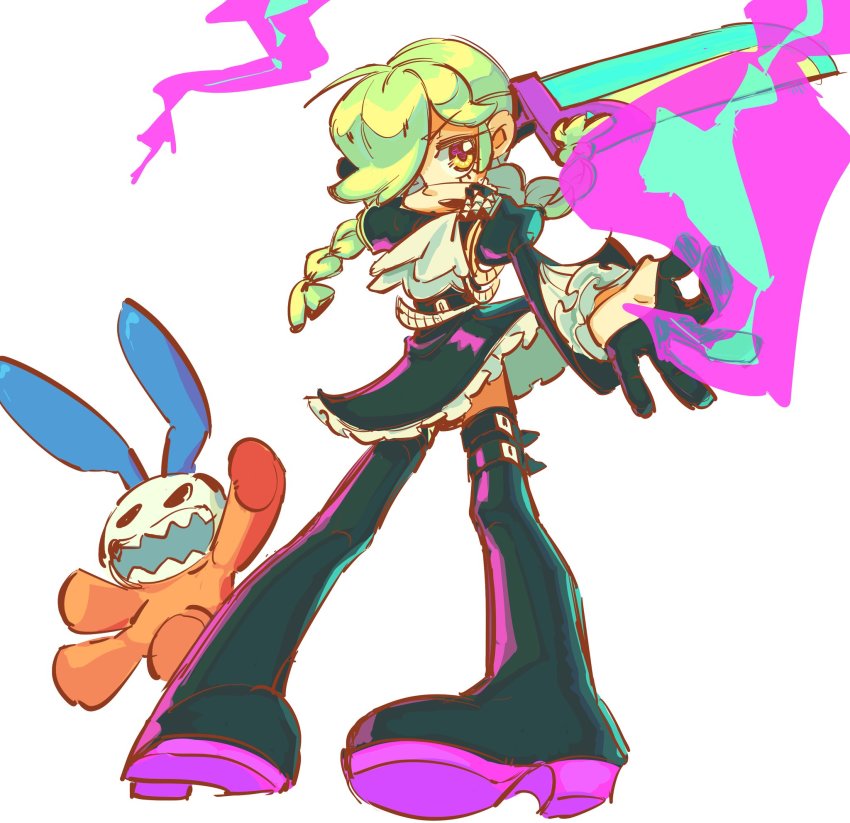 1girl, alternate_color, annie_(skullgirls), ascot, boots, braid, cosplay, energy