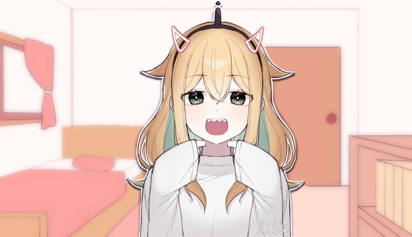 1girl, :d, absurdres, alternate_hair_length, alternate_hairstyle, amano_pikamee, bed, blonde_hair