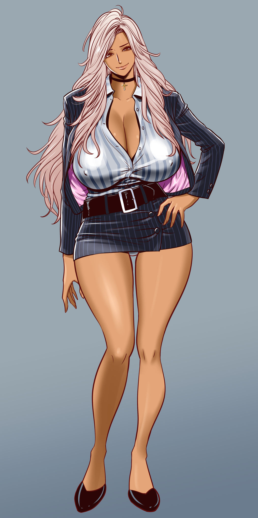 1girl, belt, belt_buckle, black_choker, black_shoes, blonde_hair, blue_eyes, breasts