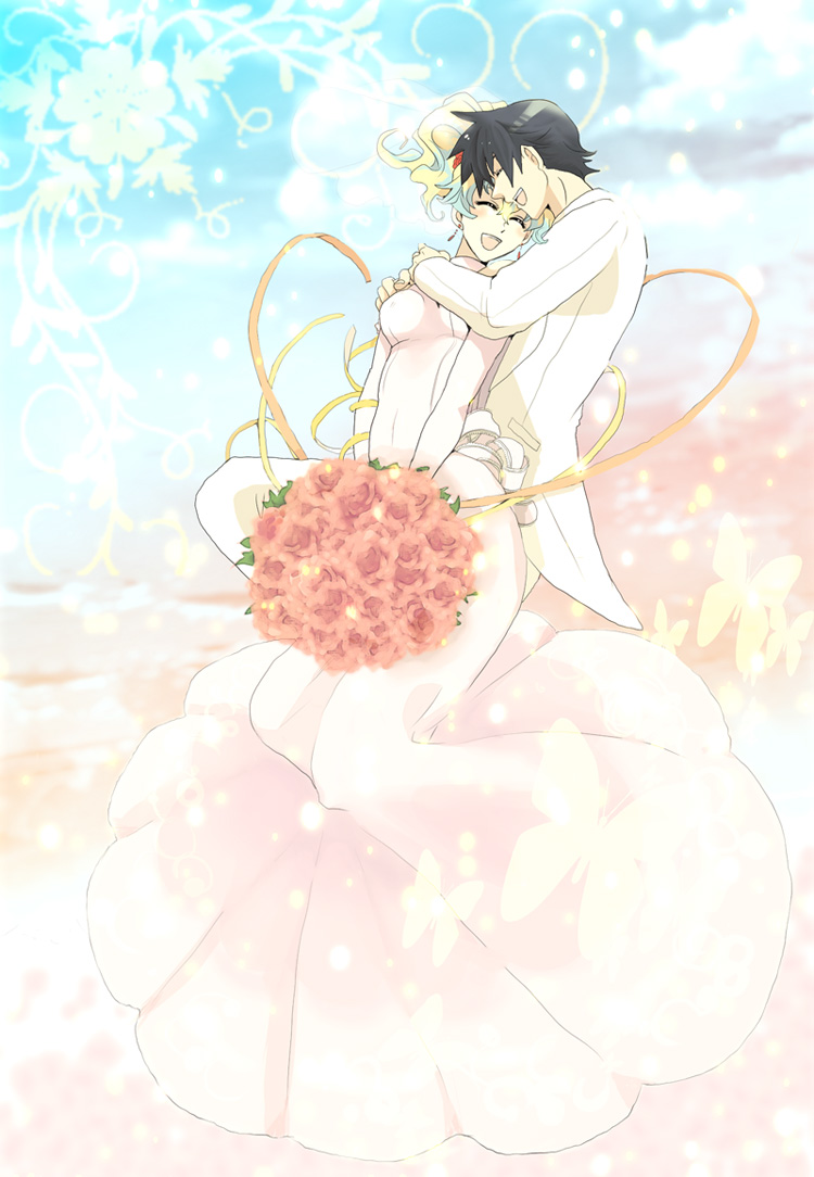 00s, 1boy, 1girl, :d, ^_^, black_hair, blonde_hair, blue_hair