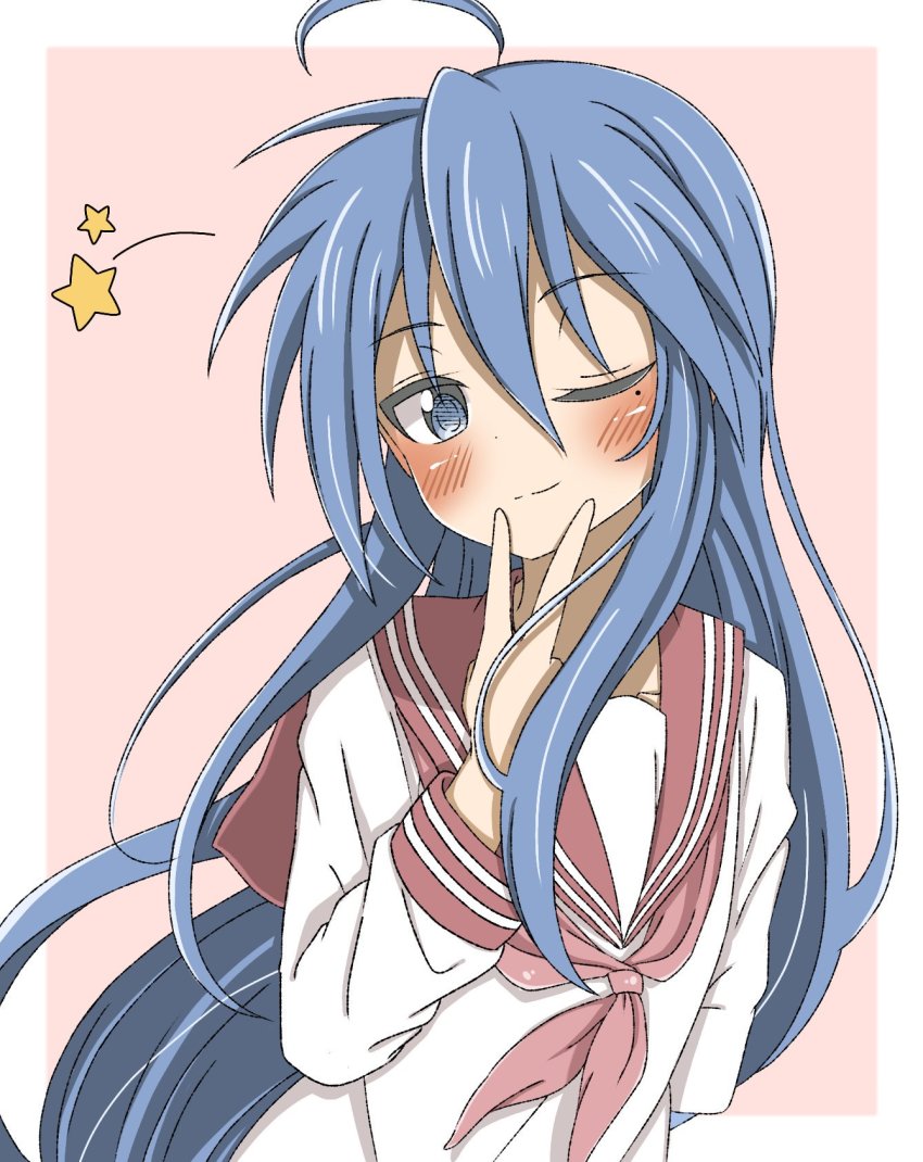 1girl, ahoge, arm_behind_back, bad_id, bad_pixiv_id, blue_eyes, blue_hair, eyes_visible_through_hair