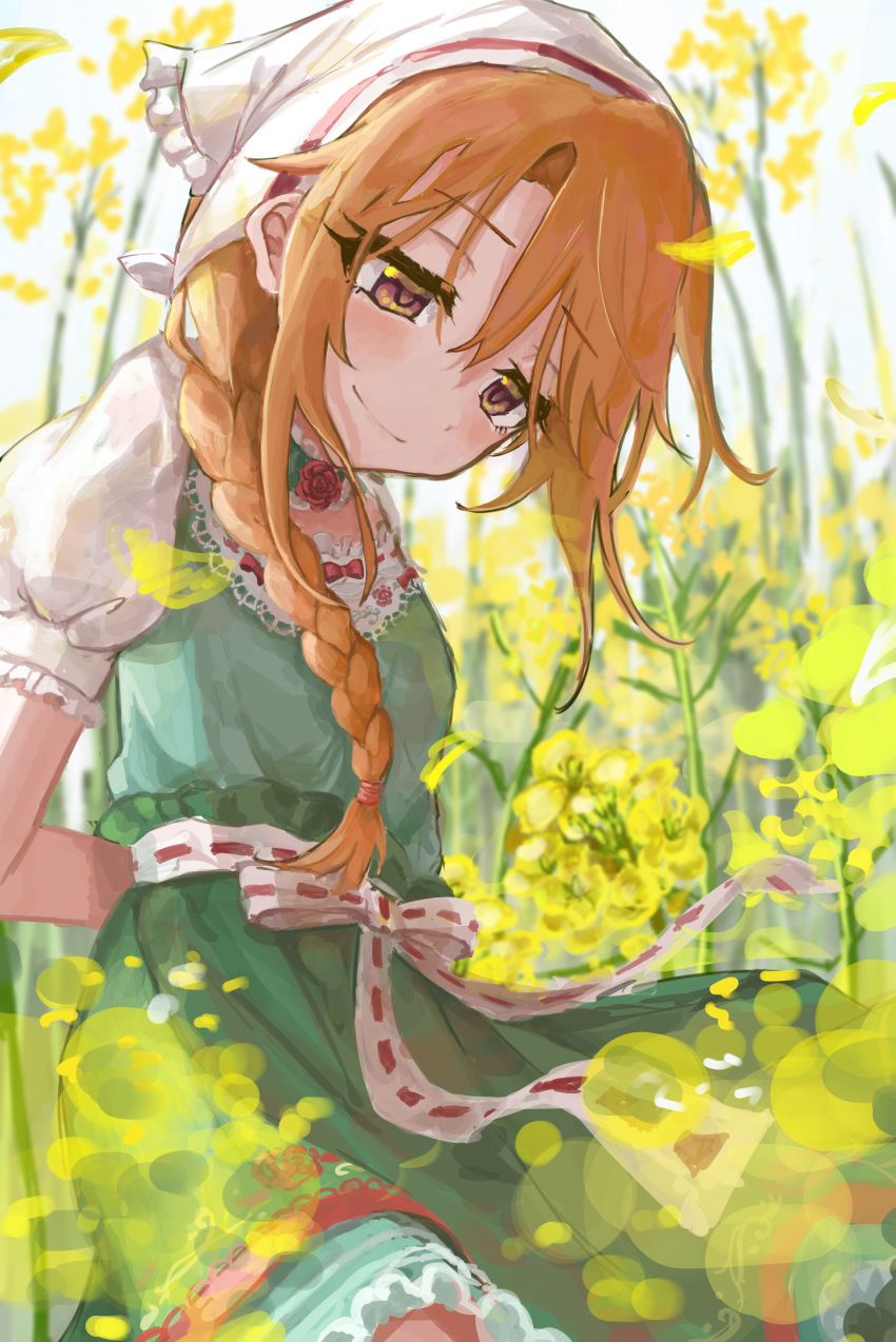 1girl, absurdres, arms_behind_back, bandana, blurry, blurry_foreground, blush, braid