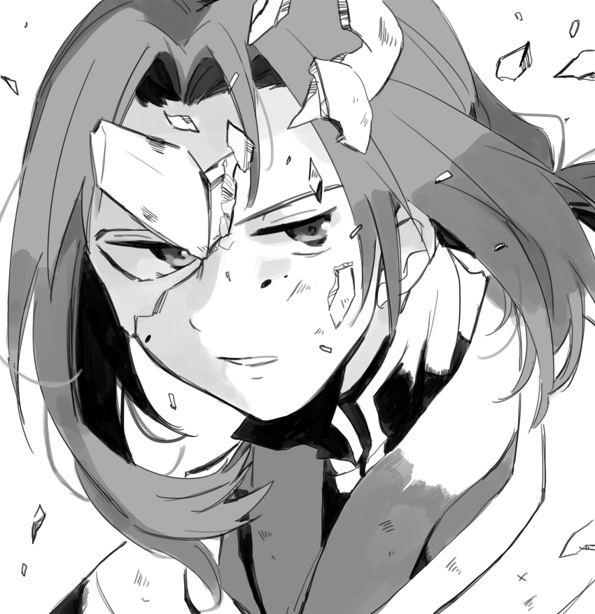 1boy, aquaplus, fainekokiti, greyscale, haku_(utawarerumono), highres, mask, mask_over_one_eye