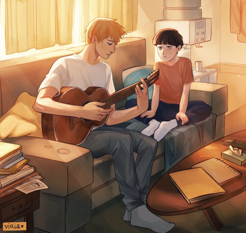 2boys, artist_name, bare_arms, black_eyes, black_hair, blanket, blue_legwear, blue_pants, book, bowl_cut, closed_book, closed_mouth, couch, crossed_legs, curtains, denim, eyebrows, fingernails, guitar, highres, holding, holding_instrument, instrument, jeans, kageyama_shigeo, legs_together, looking_at_another, male_focus, mob_psycho_100, multiple_boys, notebook, orange_hair, pale_skin, pants, pillow, red_shirt, reigen_arataka, shirt, short_hair, short_sleeves, sitting, socks, spread_legs, sunlight, t-shirt, table, twitter_username, viria13, water, watermark, white_shirt, window