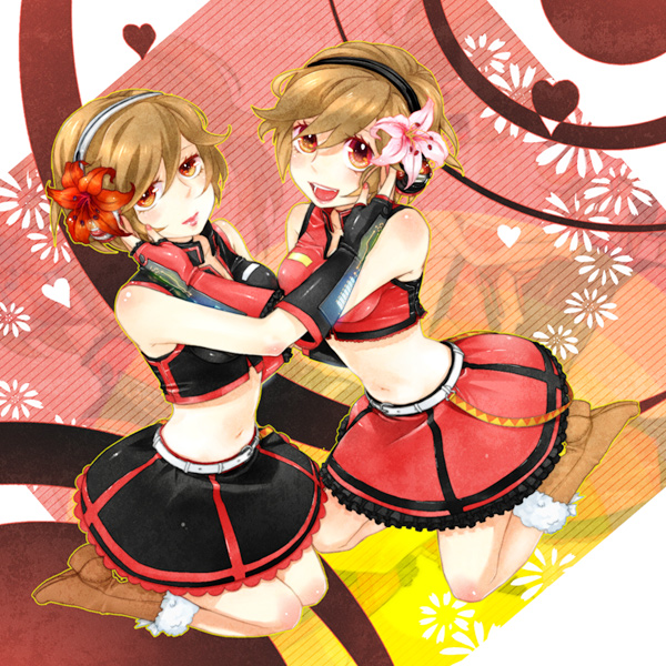 2girls, belt, boots, brown_eyes, brown_hair, clone, double_you, dual_persona, fingerless_gloves, flower, gloves, hair_flower, hair_ornament, headphones, heart, kneeling, meiko_(vocaloid), midriff, multiple_girls, nail_polish, navel, pink_nails, sakine_meiko, short_hair, skirt, smile, sunday31, vocaloid