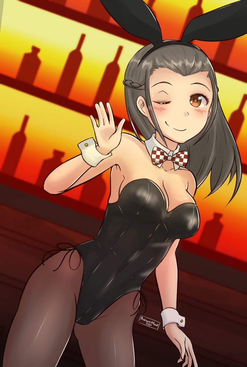 1girl, 2021, ;), absurdres, animal_ears, artist_name, black_hair, blush, bottle, bow, bowtie, braid, breasts, brown_eyes, checkered_bow, checkered_bowtie, checkered_clothes, checkered_neckwear, cleavage, commission, crown_braid, dated, detached_collar, dutch_angle, fake_animal_ears, highres, medium_breasts, medium_hair, minzzway, one_eye_closed, pantyhose, playboy_bunny, rabbit_ears, smile, solo, thighs, waving, wiktoria_urbanowicz, world_witches_series, wrist_cuffs