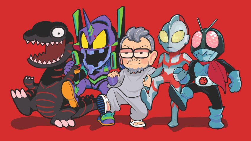 3boys, anno_hideaki_(person), beard, chibi, clenched_hand, commentary, creator_connection, crossover, eva_01, evangelion:_3.0+1.0_thrice_upon_a_time, facial_hair, gashi-gashi, glasses, godzilla, godzilla_(series), godzilla_(shin), grey_hair, highres, horns, kaiju, kamen_rider, kamen_rider_1, kamen_rider_1_(shin), kamen_rider_1_(shin_kamen_rider), locked_arms, mecha, multiple_boys, multiple_crossover, mustache, neon_genesis_evangelion, open_mouth, real_life, rebuild_of_evangelion, red_background, red_eyes, robot, sharp_teeth, shin_godzilla, shin_japan_heroes_universe, shin_kamen_rider, shin_ultraman, single_horn, smug, untranslatable_commentary, teeth, tokusatsu, ultra_series, ultraman, ultraman_(shin), ultraman_(shin_ultraman), yellow_eyes