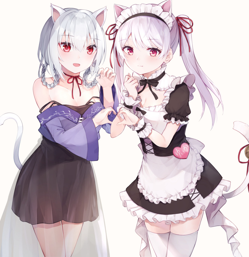 2girls, :d, absurdres, alternate_costume, animal_ears, apron, bare_shoulders, black_dress
