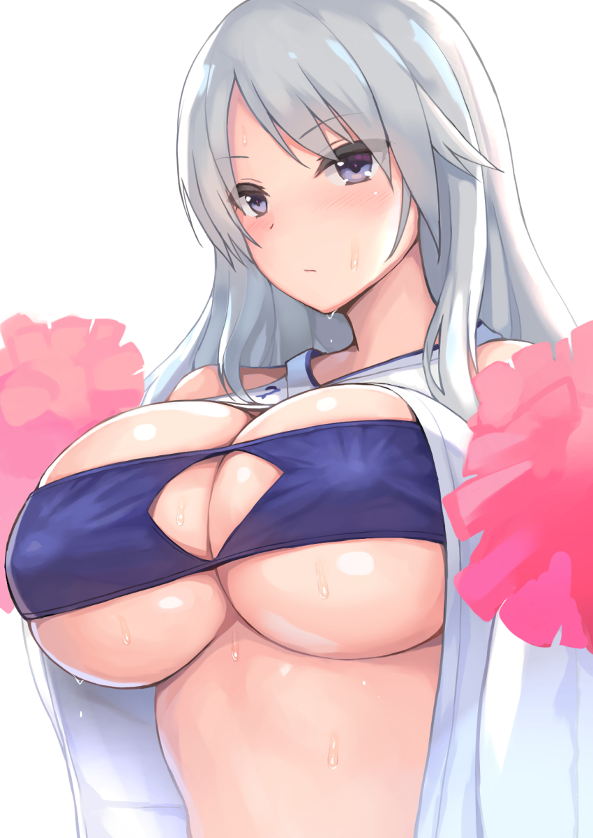 1girl, alice_gear_aegis, asahashi_tsuyu, blouse, blue_eyes, blush, breasts, cheerleader