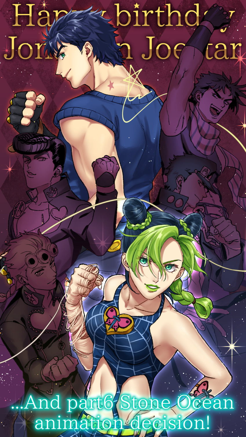 1girl, 5boys, aqua_eyes, birthmark, breasts, clenched_hands, commentary_request, english_text