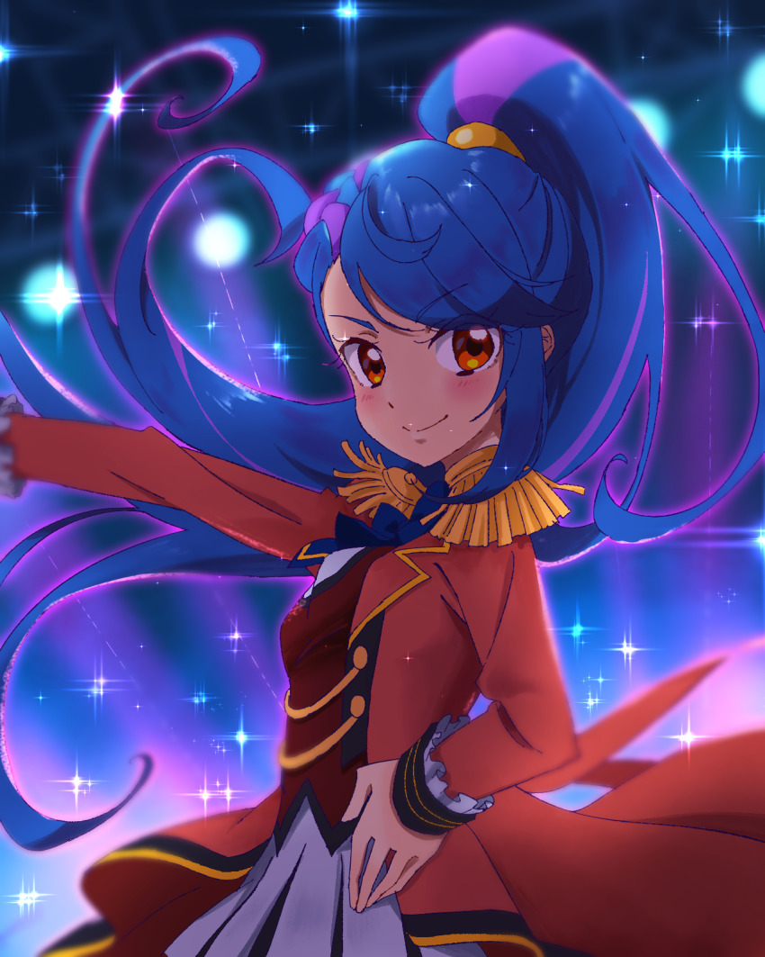 1girl, aikatsu!_(series), aikatsu_stars!, blue_hair, blush, closed_mouth, dress, epaulettes