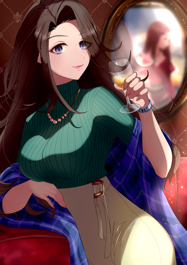 2girls, alcohol, arm_up, beige_skirt, breasts, brown_hair, couch, cowboy_shot, cup, drawing_(object), floating_hair, forehead, glint, green_sweater, hiiragi_shino, holding, holding_cup, ich., idolmaster, idolmaster_cinderella_girls, impossible_clothes, jewelry, large_breasts, long_hair, looking_at_viewer, mirror, multiple_girls, nail_polish, necklace, plaid_clothes, plaid_shawl, shawl, shiny_clothes, solo_focus, striped_clothes, striped_sweater, sweater, takahashi_reiko, wallpaper_(object), watch, wristwatch