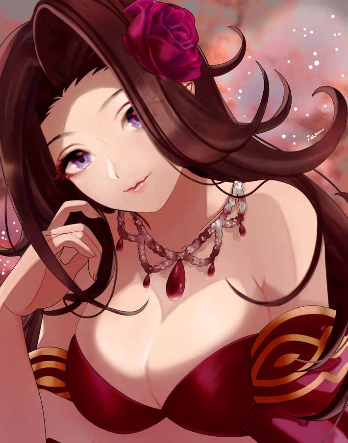 1girl, arm_under_breasts, armpits, bare_shoulders, blurry, blurry_background, breasts, brown_hair