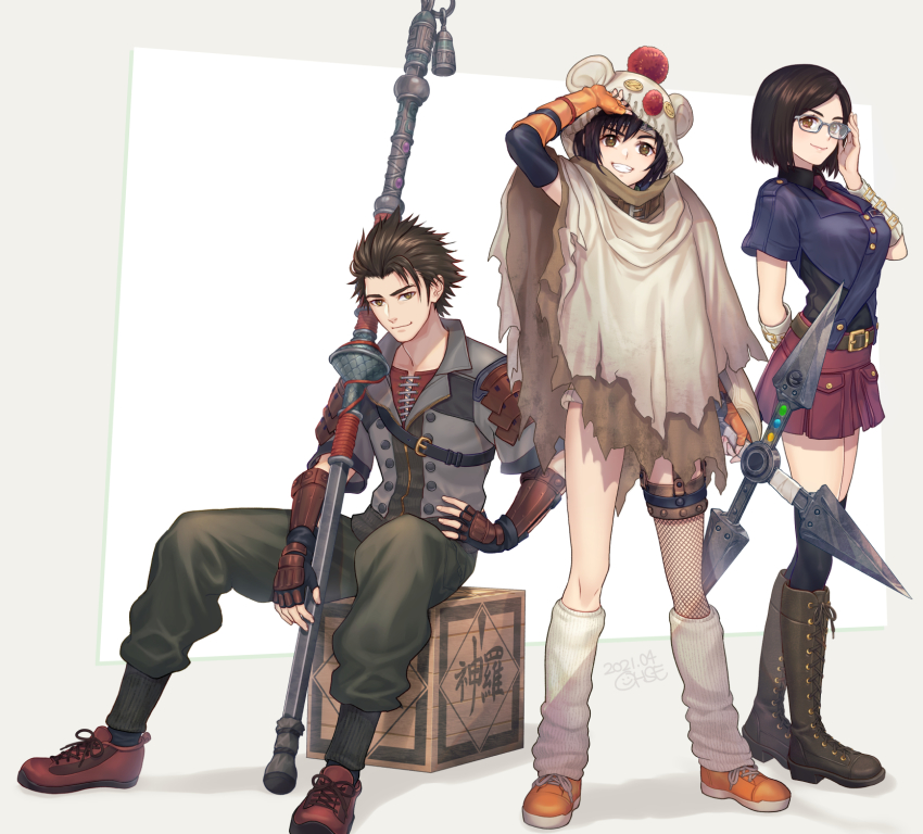 1boy, 2girls, arm_up, black_hair, box, crop_top, final_fantasy, final_fantasy_vii, final_fantasy_vii_remake, fingerless_gloves, fishnet_legwear, fishnets, glasses, gloves, highres, kneehighs, leg_warmers, looking_at_viewer, multiple_girls, nayo_(ff7), ohse, open_fly, short_hair, short_shorts, shorts, shuriken, single_sleeve, single_thighhigh, sitting, smile, socks, sonon_kusakabe, spiked_hair, square_enix, staff, strap, thighhighs, weapon, yuffie_kisaragi