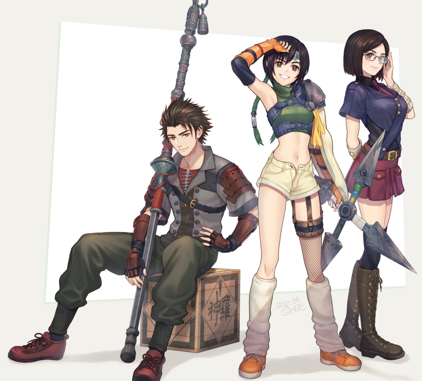 1boy, 2girls, arm_up, black_hair, box, crop_top, final_fantasy, final_fantasy_vii, final_fantasy_vii_remake, fingerless_gloves, fishnet_legwear, fishnets, glasses, gloves, highres, kneehighs, leg_warmers, looking_at_viewer, multiple_girls, nayo_(ff7), ohse, open_fly, short_hair, short_shorts, shorts, shuriken, single_sleeve, single_thighhigh, sitting, smile, socks, sonon_kusakabe, spiked_hair, square_enix, staff, strap, thighhighs, weapon, yuffie_kisaragi