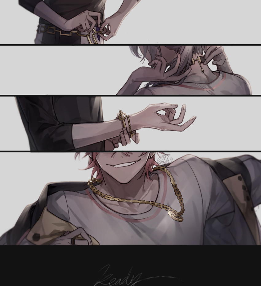 4boys, adjusting_hair, amagi_rinne, belt, black_jacket, black_pants, black_shirt, blue_hair