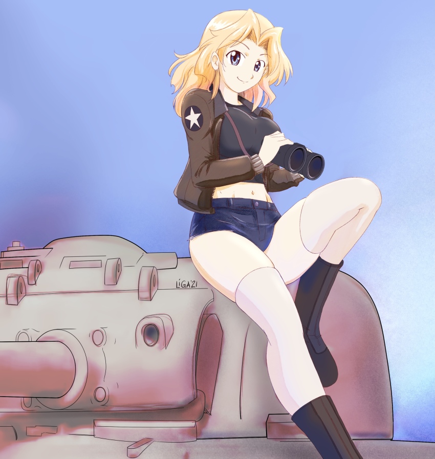 1girl, absurdres, artist_name, binoculars, black_boots, black_shirt, blonde_hair, blue_eyes