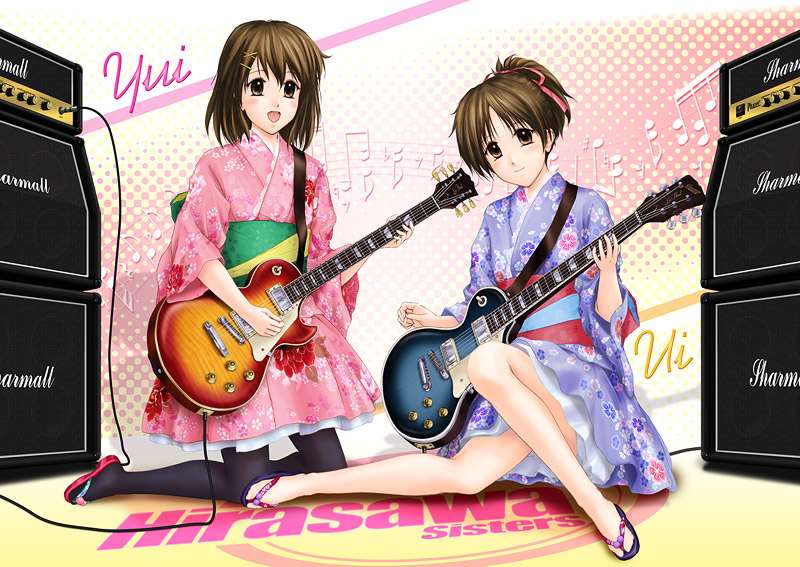 00s, 2girls, amplifier, bad_id, bad_pixiv_id, brown_eyes, brown_hair, electric_guitar