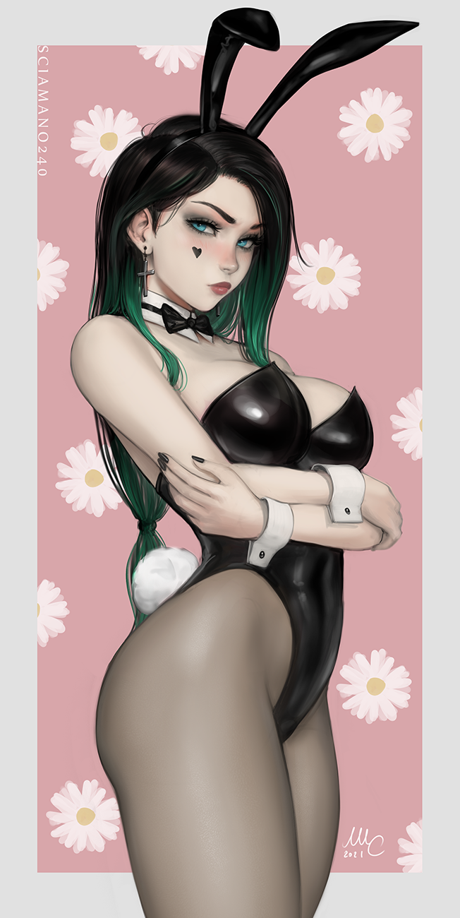 1girl, animal_ears, april_(sciamano240), artist_name, bare_shoulders, black_hair, black_leotard, blue_eyes, bow, bowtie, breasts, cross, cross_earrings, crossed_arms, detached_collar, earrings, eyeshadow, facial_mark, fake_animal_ears, floral_background, green_hair, highleg, highleg_leotard, highres, jewelry, leotard, lips, looking_at_viewer, makeup, medium_breasts, multicolored_hair, original, pantyhose, playboy_bunny, rabbit_ears, rabbit_tail, sciamano240, signature, strapless, strapless_leotard, tail, thighs, two-tone_hair, wrist_cuffs
