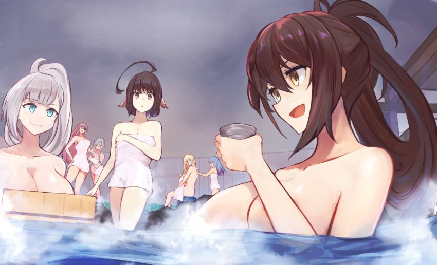 6+girls, aqua_hair, azur_lane, back, bare_shoulders, bathrobe, bathroom, bismarck_(azur_lane), blonde_hair, blue_eyes, blue_hair, breasts, brown_eyes, brown_hair, character_request, cleavage, closed_mouth, collarbone, cup, eyepatch, floating_breasts, hair_ornament, highres, holding, holding_cup, large_breasts, long_hair, looking_at_another, looking_at_viewer, looking_away, marshall_k, medium_breasts, multicolored_hair, multiple_girls, odin_(azur_lane), open_mouth, pink_hair, scharnhorst_(azur_lane), shoukaku_(azur_lane), silver_hair, simple_background, smile, water, zuikaku_(azur_lane), zuikaku_(old_design)_(azur_lane)