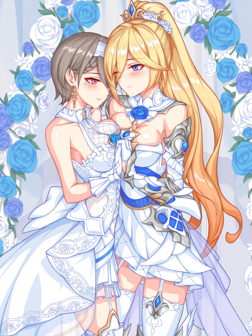 2girls, armor, bare_shoulders, blonde_hair, blue_flower, blush, breast_press, breasts