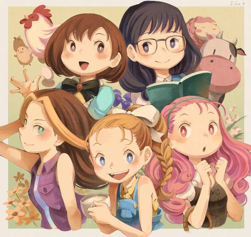 5girls, absurdres, animal, bird, black_hair, blonde_hair, bokujou_monogatari, bokujou_monogatari:_harvest_moon