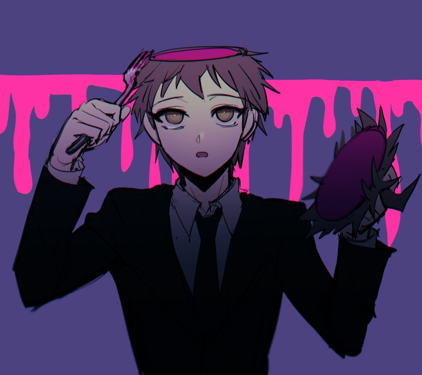1boy, :o, ahoge, black_jacket, black_necktie, blood, brown_eyes, brown_hair