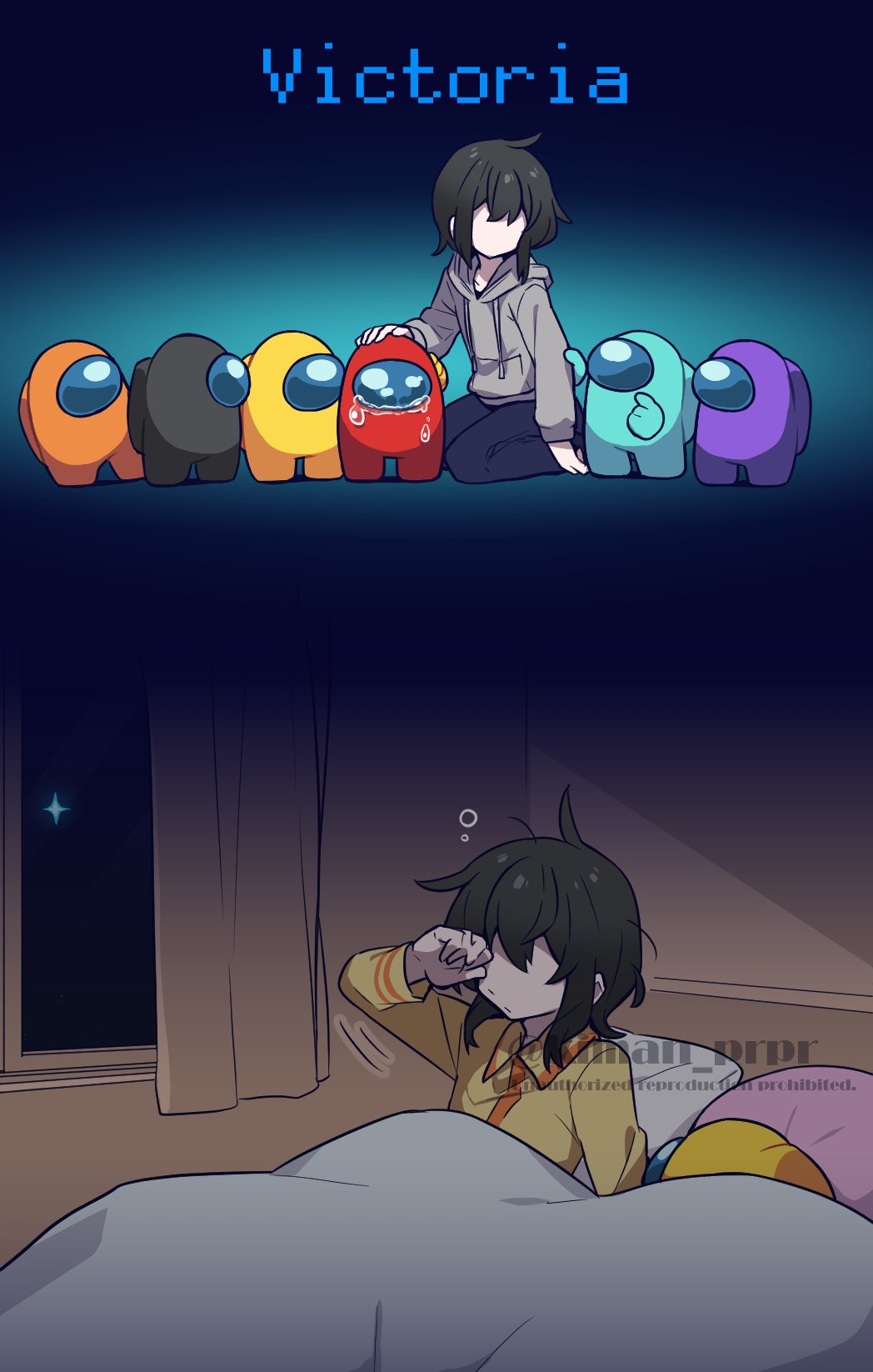 1girl, ahoge, among_us, bed, black_(among_us), blue_pants, brown_hair, comforting