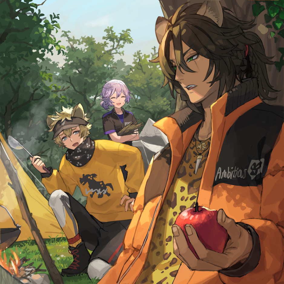 3boys, :d, animal_ears, animal_print, apple, black_shorts, boots, brown_hair