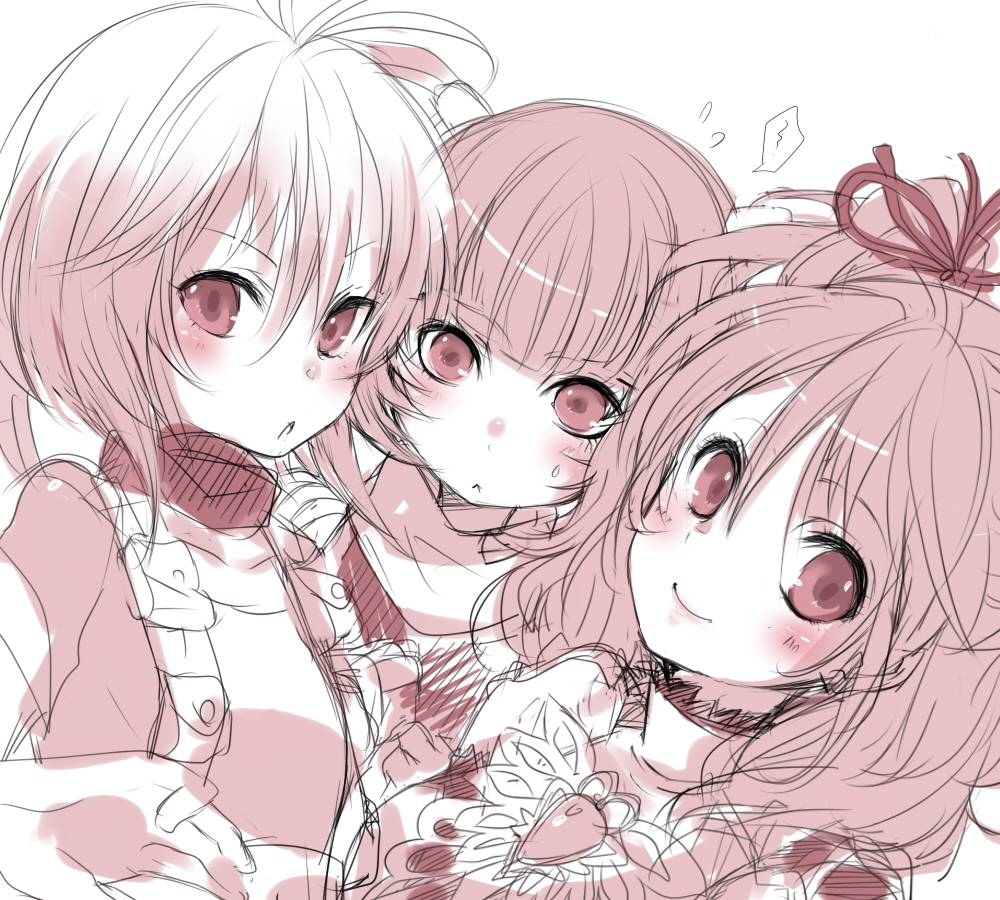3girls, bad_id, bad_pixiv_id, blush, cheria_barnes, monochrome, multiple_girls, one_side_up, pascal_(tales), pink_theme, ribbon, short_hair, smile, sophie_(tales), take_(tenkasu), tales_of_(series), tales_of_graces, twintails