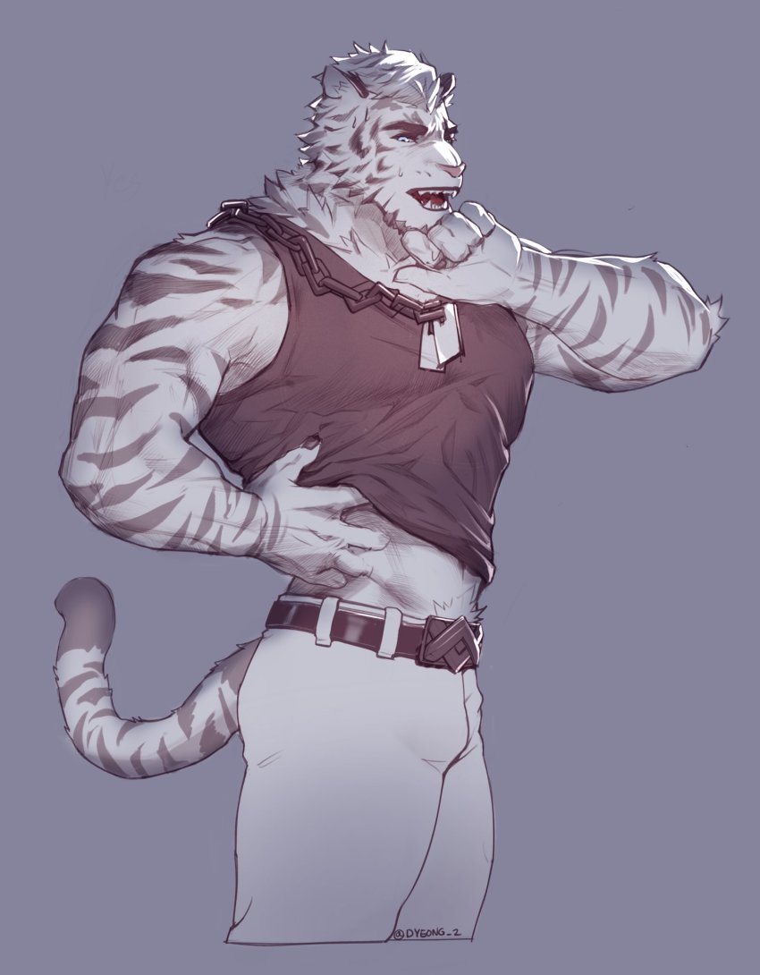 1boy, animal_ears, arknights, bad_id, bad_twitter_id, bara, bare_shoulders, black_tank_top, bulge, chain, chain_necklace, clothes_lift, cropped_legs, dog_tags, dyeong, furry, furry_male, highres, jewelry, large_pectorals, lifting_own_clothes, looking_at_viewer, male_focus, midriff_peek, mountain_(arknights), muscular, muscular_male, necklace, pants, pectorals, scar, scar_across_eye, scar_on_face, shirt_lift, short_hair, sidepec, solo, stomach, tail, tank_top, thick_thighs, thighs, tiger_boy, tiger_ears, tiger_tail, white_fur, white_hair, white_pants