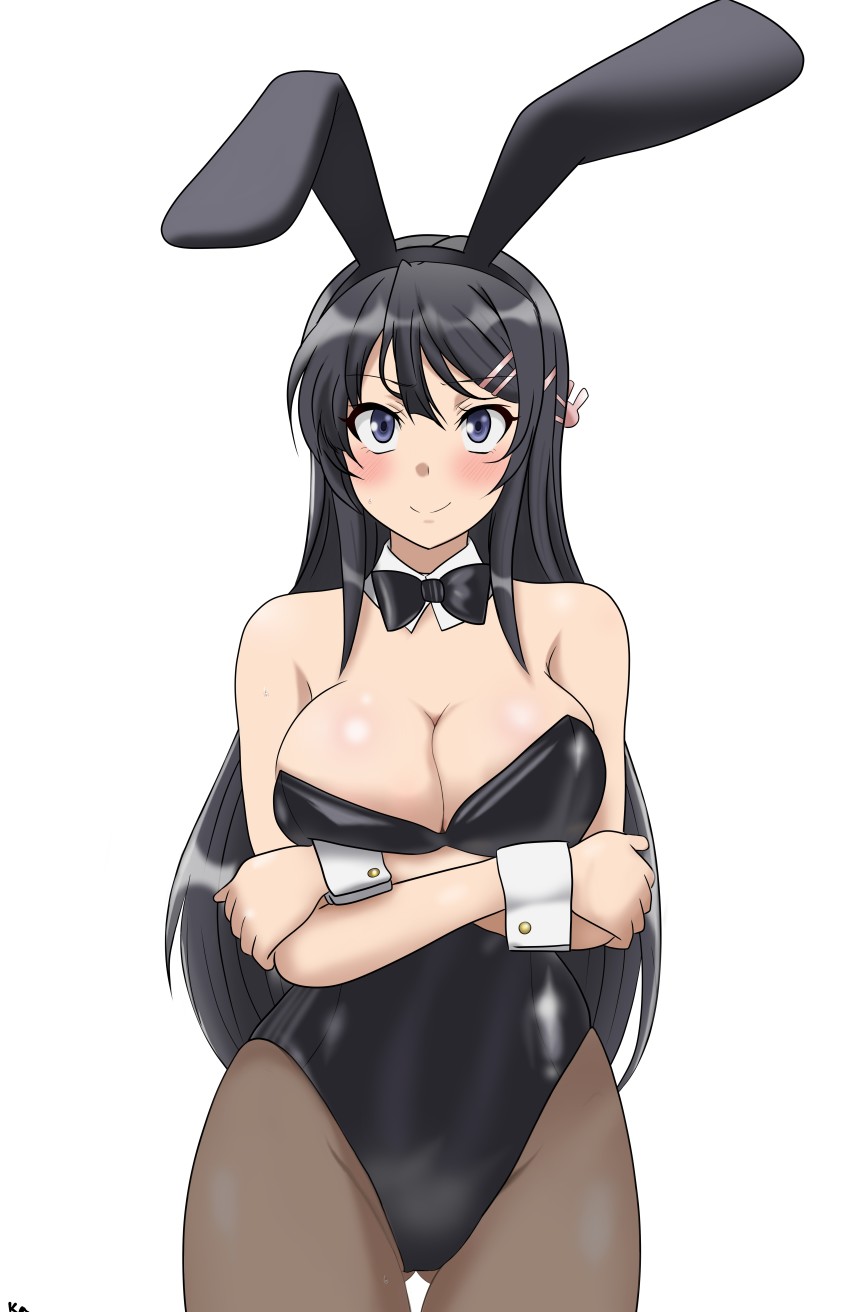 1girl, absurdres, animal_ears, bare_shoulders, black_bow, black_bowtie, black_eyes, black_hair, black_leotard, blush, bow, bowtie, breasts, cleavage, cowboy_shot, crossed_arms, detached_collar, fake_animal_ears, gluteal_fold, hair_ornament, hairclip, highres, kasutera_mikan, large_breasts, leotard, long_hair, looking_up, nose_blush, pantyhose, playboy_bunny, rabbit_ears, sakurajima_mai, seishun_buta_yarou, simple_background, solo, strapless, strapless_leotard, thigh_gap, white_background, wrist_cuffs