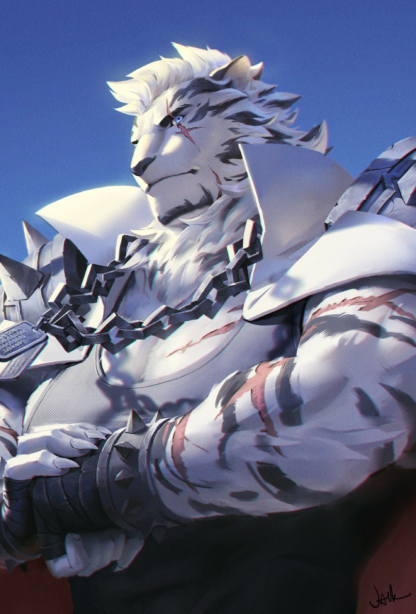 1boy, animal_ears, arknights, bandaged_hand, bandages, bara, black_tank_top, chain