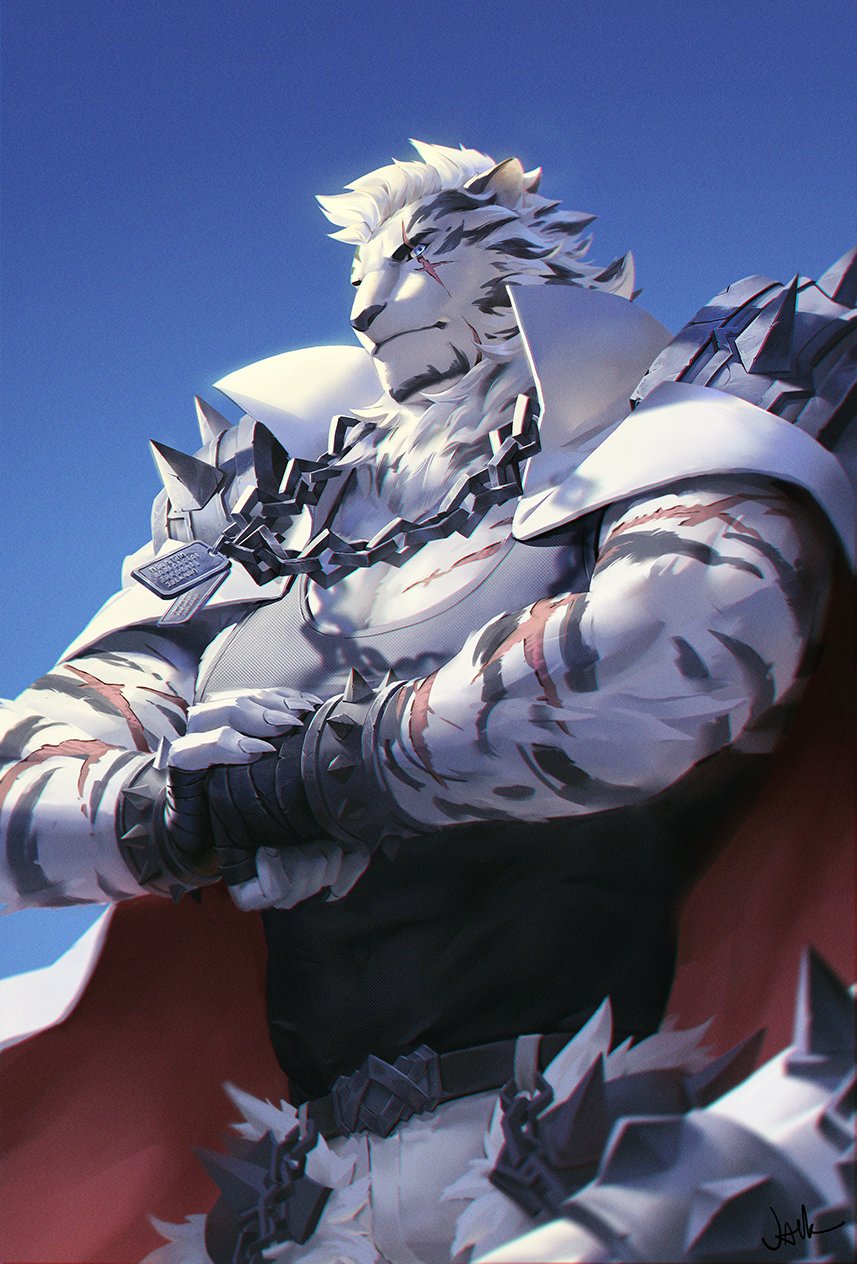 1boy, animal_ears, arknights, bandaged_hand, bandages, bara, black_tank_top, chain