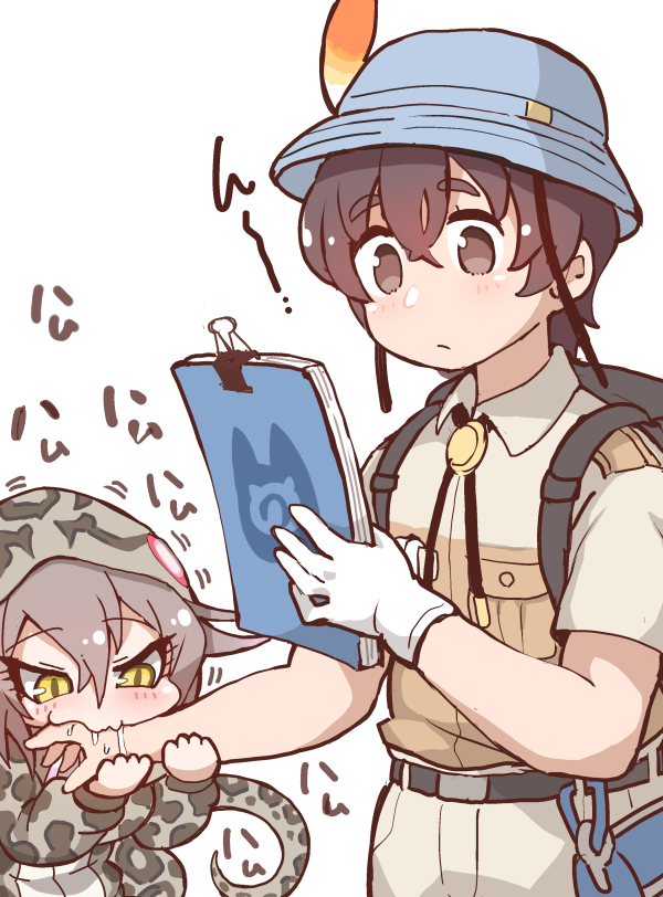1boy, 1girl, backpack, bag, biting_arm, brown_eyes, brown_hair, bucket_hat
