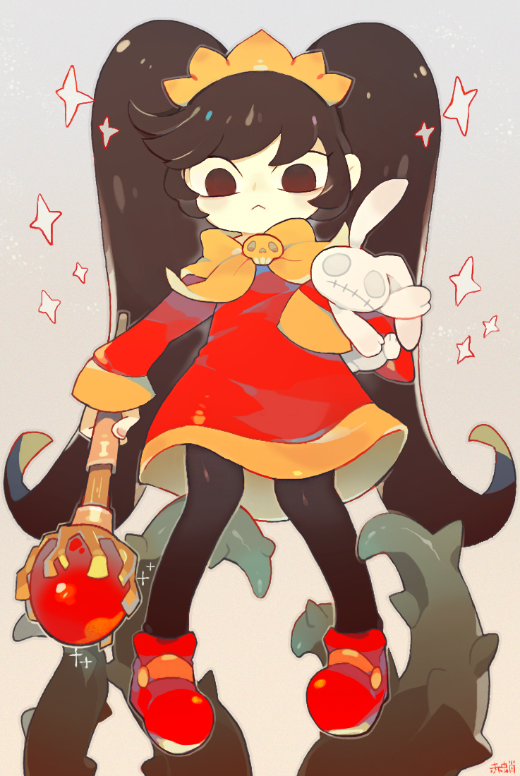 1girl, :<, akadako, artist_name, ashley_(warioware), black_hair, black_pantyhose, blush