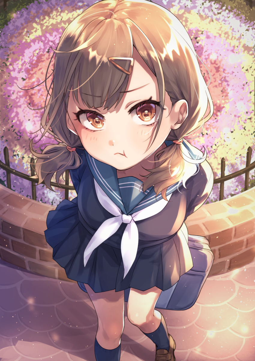 1girl, arms_behind_back, bag, black_serafuku, black_skirt, brown_eyes, brown_hair, highres