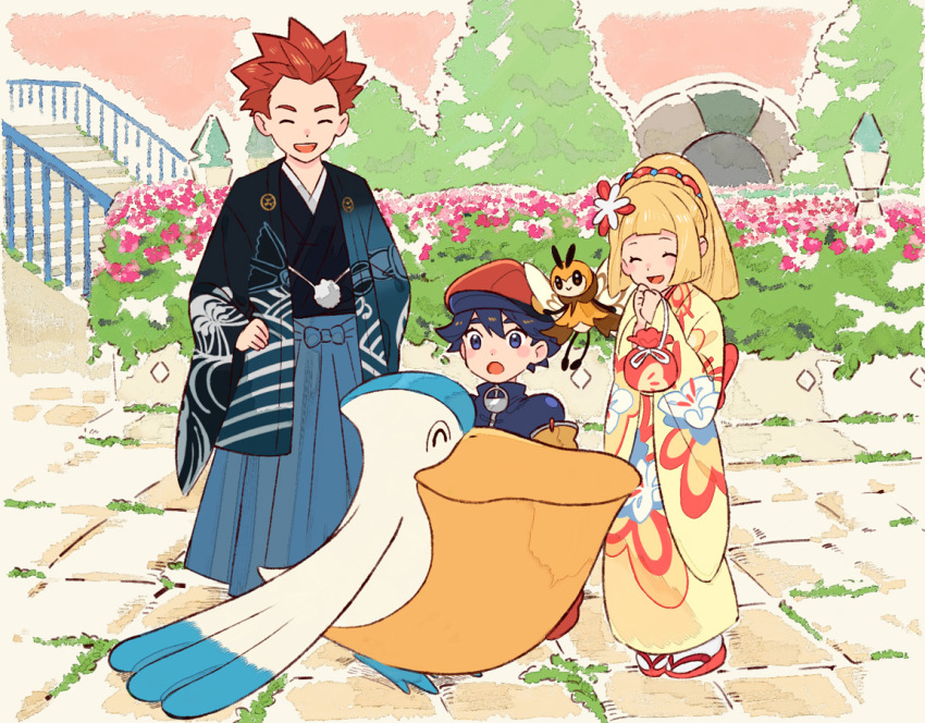 1boy, 2girls, :d, black_hair, blonde_hair, blush, closed_eyes, commentary_request, floral_print, floral_print_kimono, gen_3_pokemon, gen_7_pokemon, hair_ornament, hand_on_own_hip, hands_up, hat, ittumozzz, japanese_clothes, kimono, lance_(new_year's_2021)_(pokemon), lance_(pokemon), lillie_(new_year's_2021)_(pokemon), lillie_(pokemon), long_sleeves, multiple_girls, nintendo, official_alternate_costume, open_mouth, outdoors, own_hands_together, pelipper, pleated_skirt, pokemon, pokemon_(creature), pokemon_masters_ex, pokemon_ranger_(pokemon), ponytail, pouch, print_kimono, red_hair, red_headwear, ribombee, short_hair, skirt, smile, spiked_hair, stairs, standing, tabi, wide_sleeves, yellow_kimono, zipper_pull_tab, |d