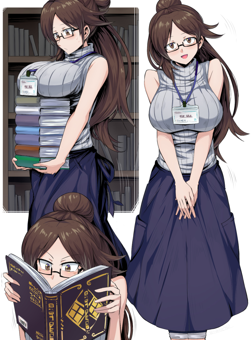 1girl, black-framed_eyewear, blue_skirt, book, book_stack, bookshelf, breast_rest, breasts, brown_eyes, brown_hair, carried_breast_rest, carrying, collage, commentary_request, glasses, grey_sweater, hair_ornament, highres, holding, holding_book, id_card, impossible_clothes, impossible_sweater, lanyard, large_breasts, librarian, library, long_hair, long_skirt, original, parted_bangs, pocket, reading, ribbed_sweater, semi-rimless_eyewear, shimure_(460), skirt, sleeveless, sleeveless_turtleneck, smile, solo, sweatdrop, sweater, turtleneck, under-rim_eyewear, v_arms